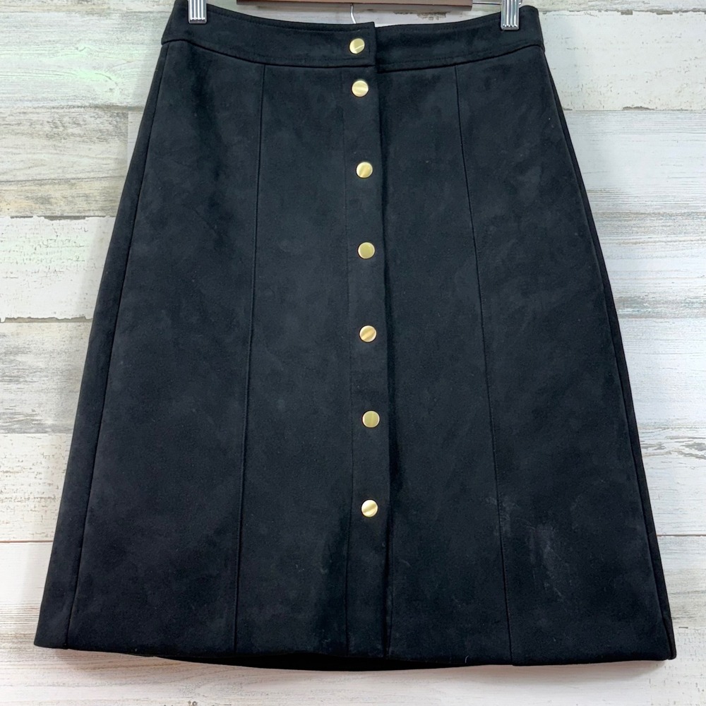 LOFT Black Faux Suede Button Front A-Line Skirt Gold Snap Hardware Womens Size 2